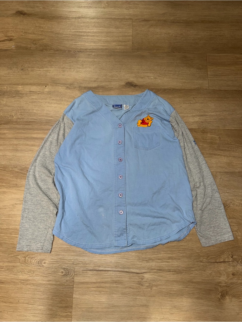 Light Blue Button-Down Top with Gray Raglan Sleeves and Winnie Patch